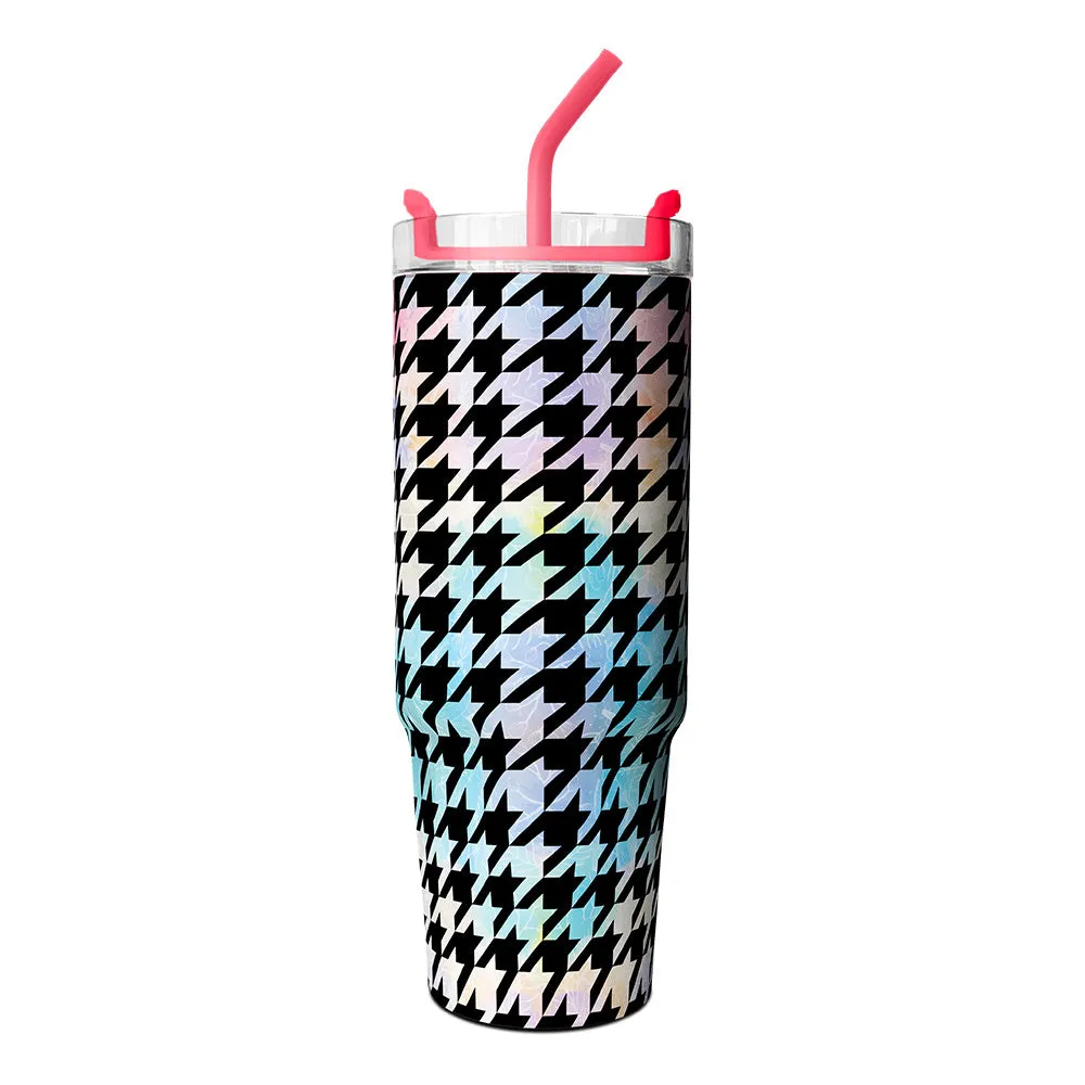 30oz Stainless Steel Cup with a Straw, Featuring a Houndstooth Design