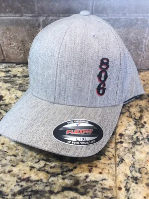 806 Flex Fit Hat Heather Grey hat Stacked (Vertical Logo)Black 806 Red Outline