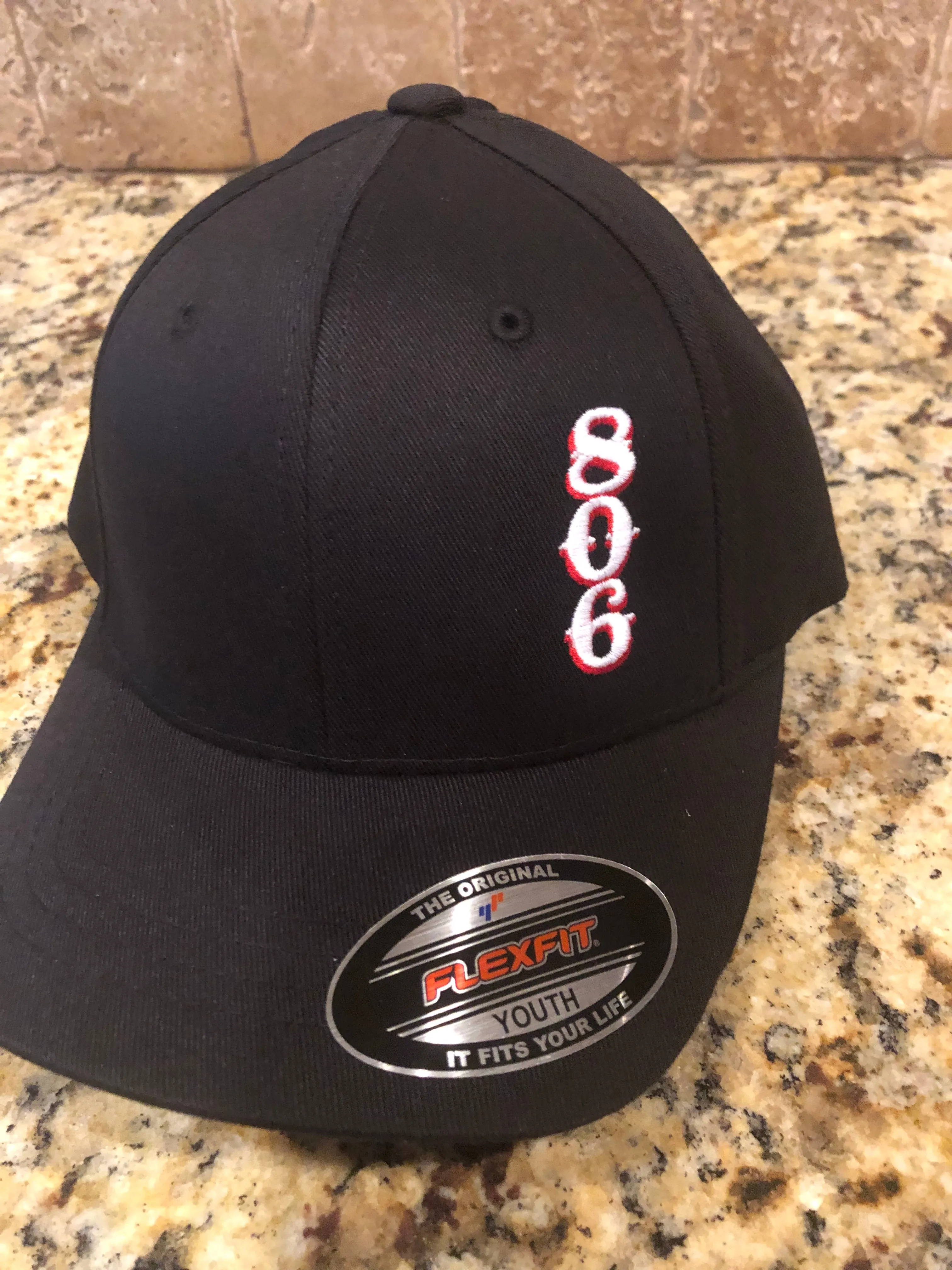 806 Flex Fit YOUTH  Stacked Logo (Vertical) White 806 Red Outline