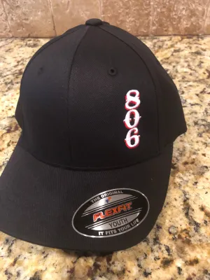 806 Flex Fit YOUTH  Stacked Logo (Vertical) White 806 Red Outline