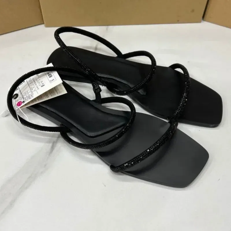 ADVBRIDGE  -  Women's Flat Sandals Bling Crystal Diamond Strap Fashion Square Toe 2025 Summer Party Shoes Sexy Light Plus Size Sandalias Mujer