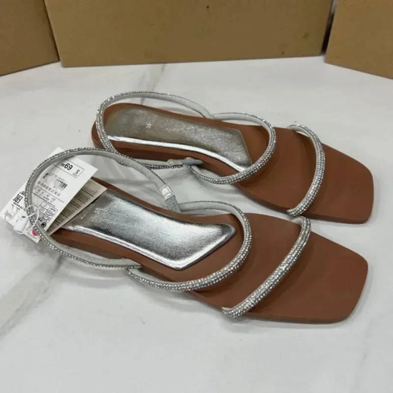 ADVBRIDGE  -  Women's Flat Sandals Bling Crystal Diamond Strap Fashion Square Toe 2025 Summer Party Shoes Sexy Light Plus Size Sandalias Mujer
