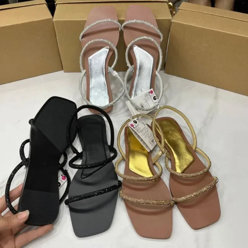 ADVBRIDGE  -  Women's Flat Sandals Bling Crystal Diamond Strap Fashion Square Toe 2025 Summer Party Shoes Sexy Light Plus Size Sandalias Mujer
