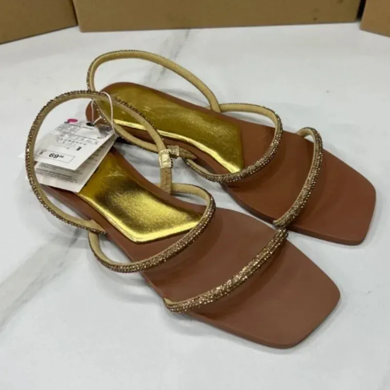 ADVBRIDGE  -  Women's Flat Sandals Bling Crystal Diamond Strap Fashion Square Toe 2025 Summer Party Shoes Sexy Light Plus Size Sandalias Mujer