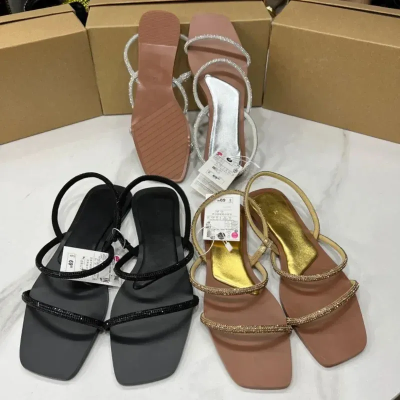 ADVBRIDGE  -  Women's Flat Sandals Bling Crystal Diamond Strap Fashion Square Toe 2025 Summer Party Shoes Sexy Light Plus Size Sandalias Mujer