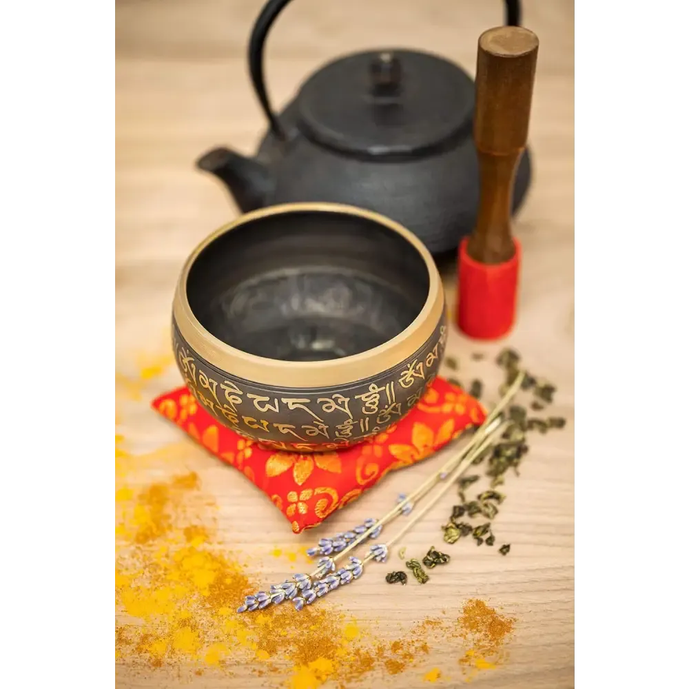 Authentic Tibetan Singing Bowl Set with Sanskrit Inscriptions