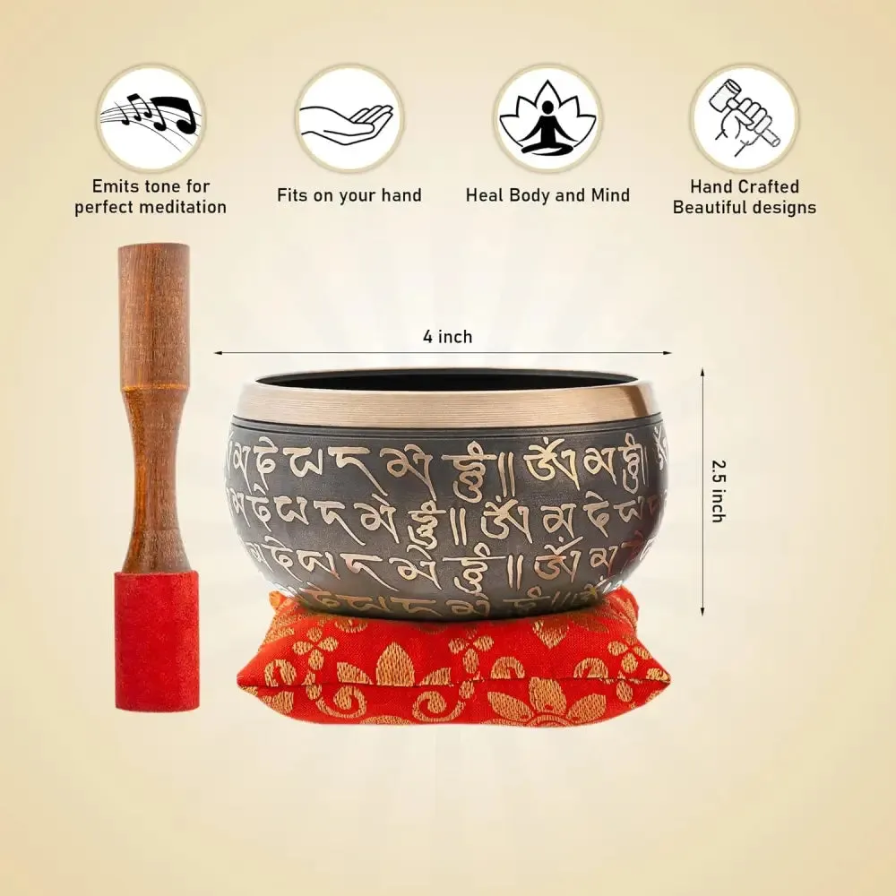 Authentic Tibetan Singing Bowl Set with Sanskrit Inscriptions