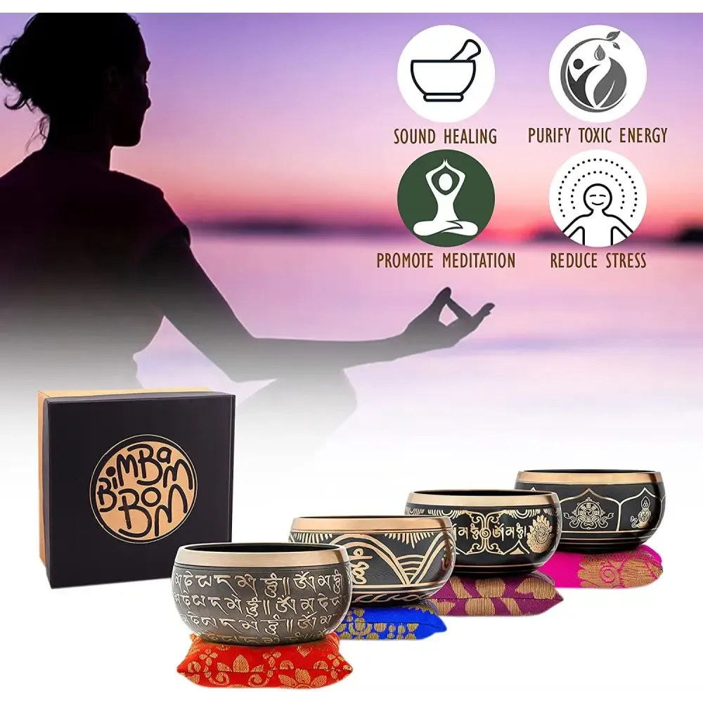 Authentic Tibetan Singing Bowl Set with Sanskrit Inscriptions