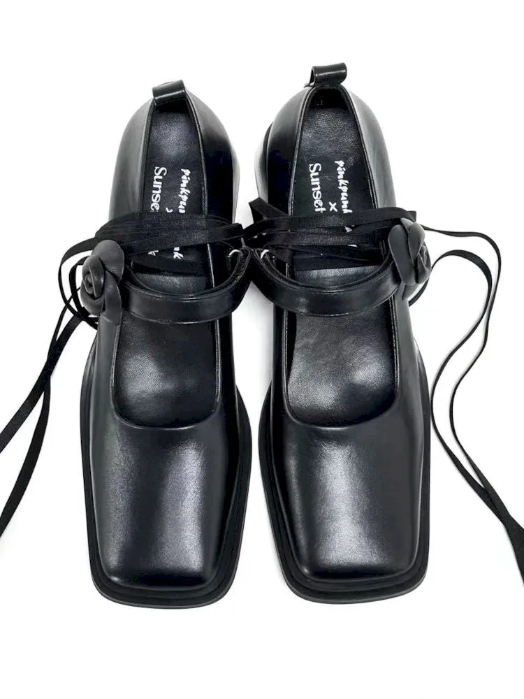 Black square toe leather shoes