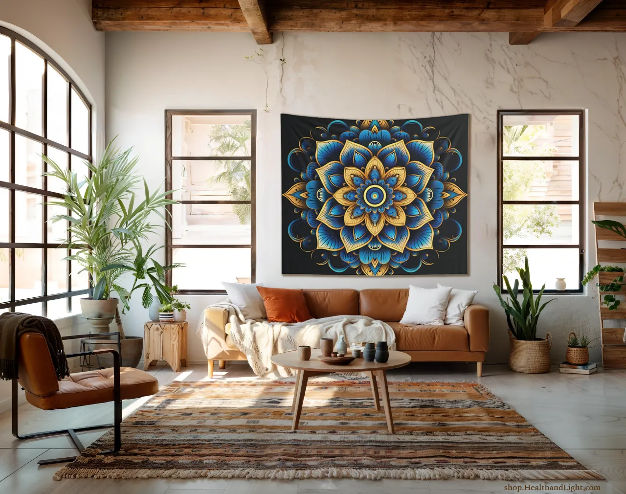 Blue & Gold Boho Floral Wall Hanging Mandala Tapestry #4