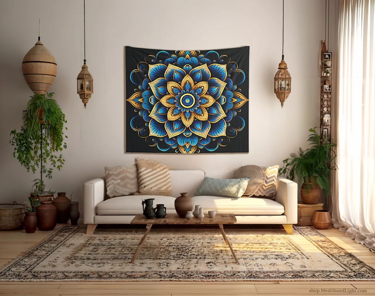 Blue & Gold Boho Floral Wall Hanging Mandala Tapestry #4