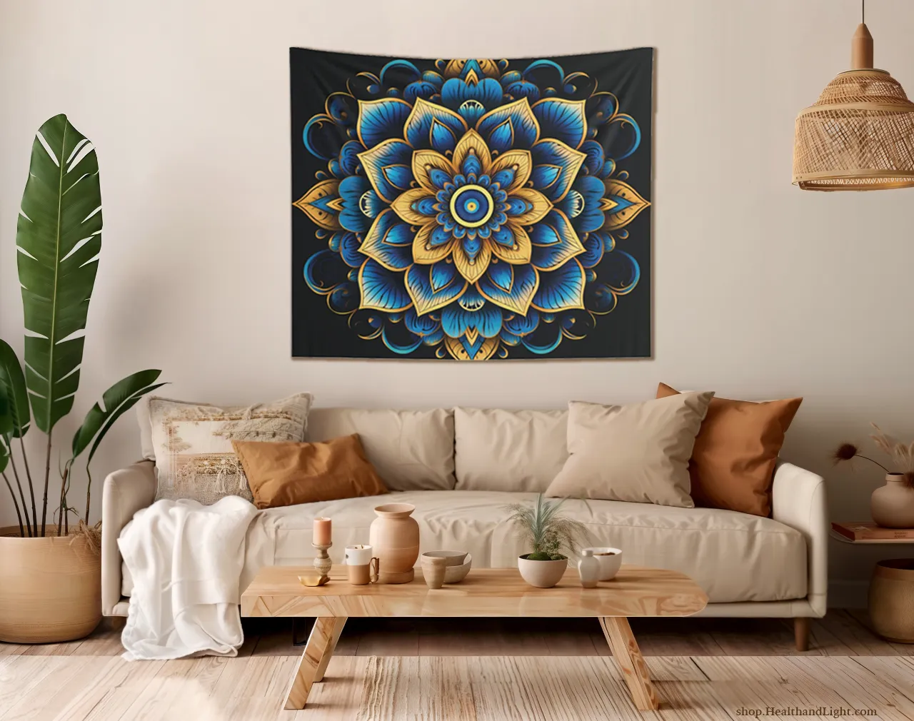 Blue & Gold Boho Floral Wall Hanging Mandala Tapestry #4