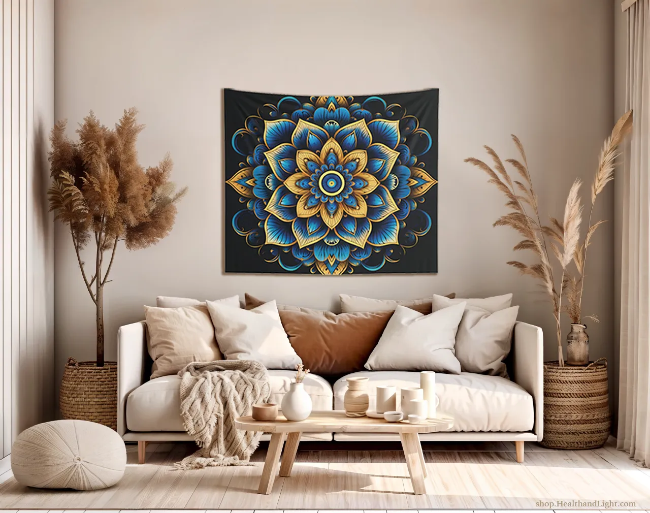 Blue & Gold Boho Floral Wall Hanging Mandala Tapestry #4
