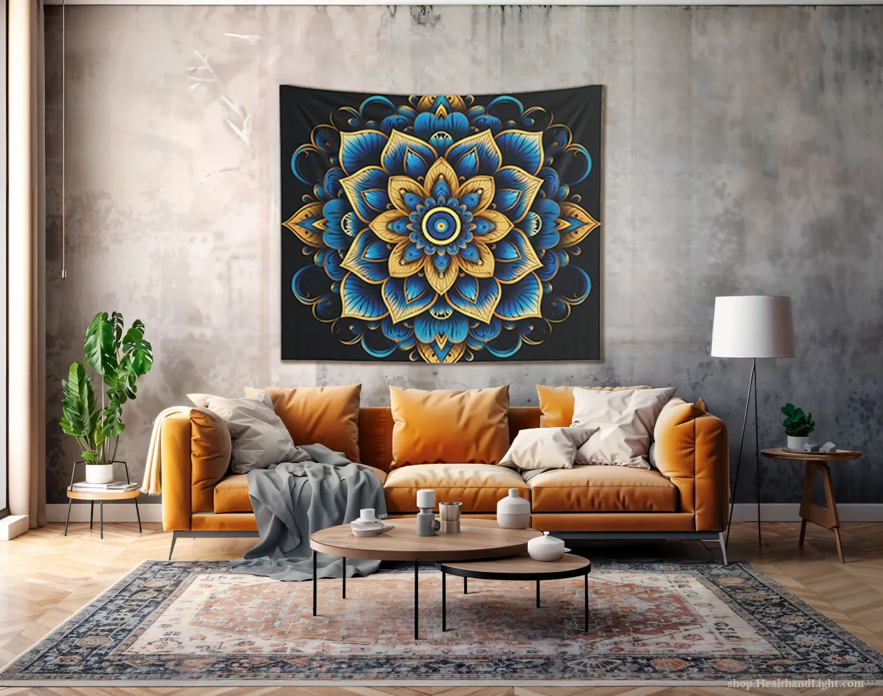 Blue & Gold Boho Floral Wall Hanging Mandala Tapestry #4