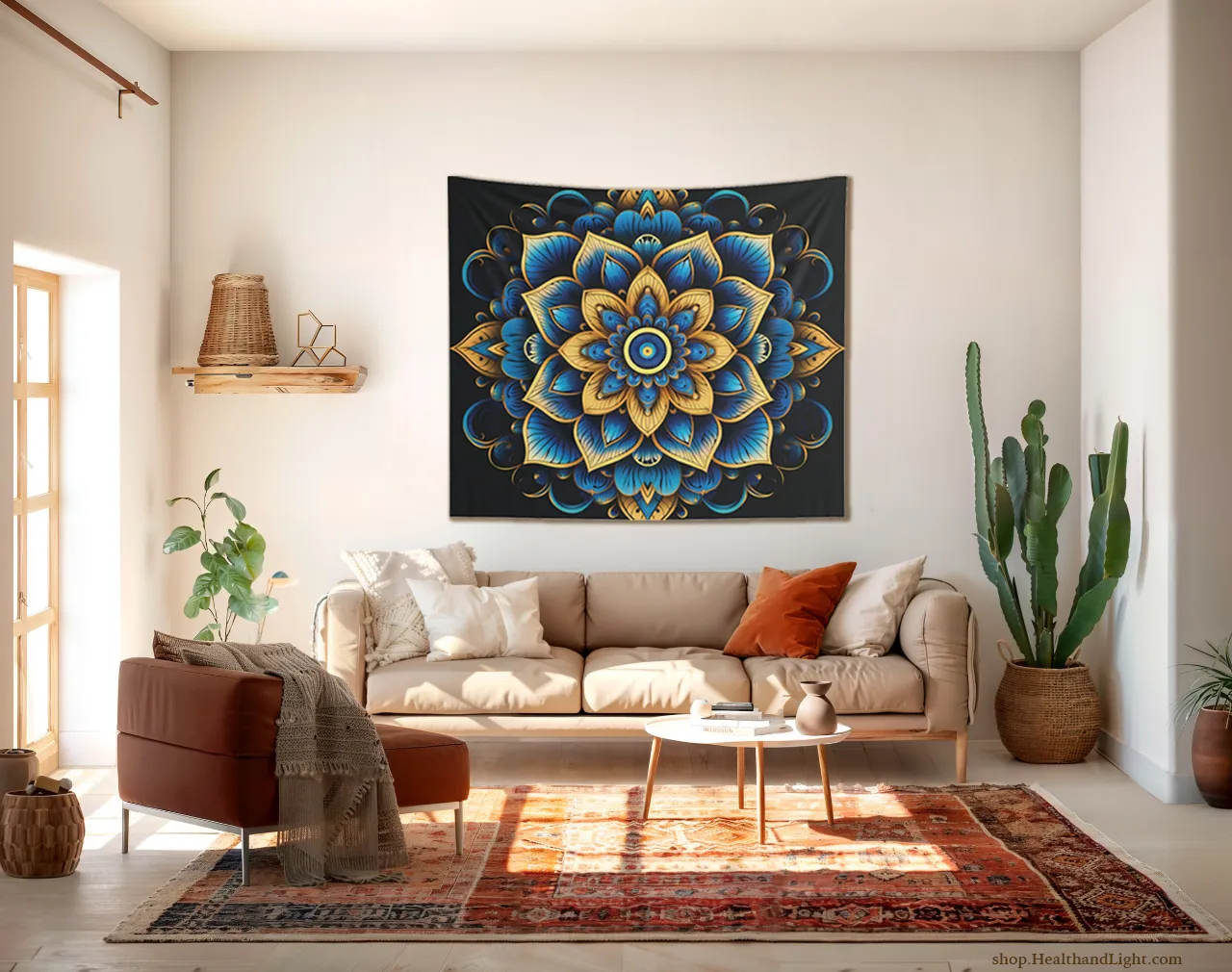 Blue & Gold Boho Floral Wall Hanging Mandala Tapestry #4