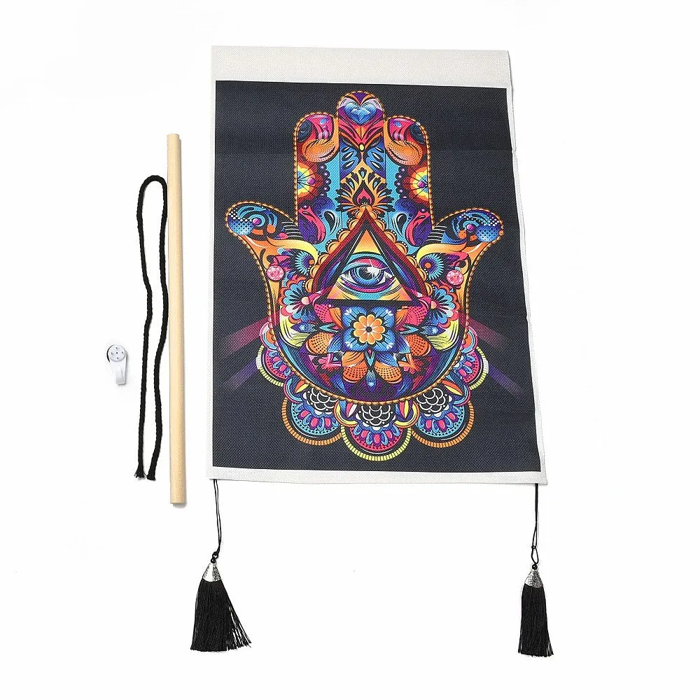 Chakra Hamsa Hand Black Tapestry Wall Hanging