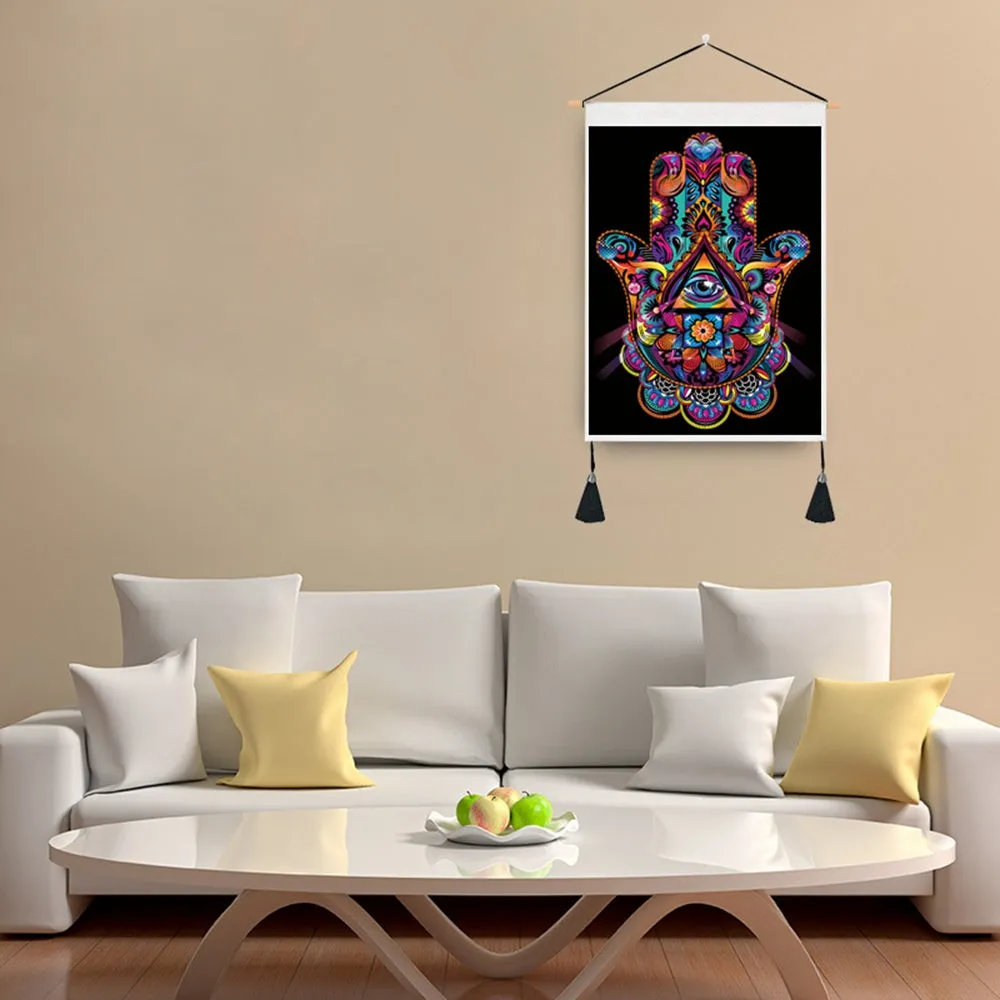 Chakra Hamsa Hand Black Tapestry Wall Hanging