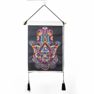Chakra Hamsa Hand Black Tapestry Wall Hanging