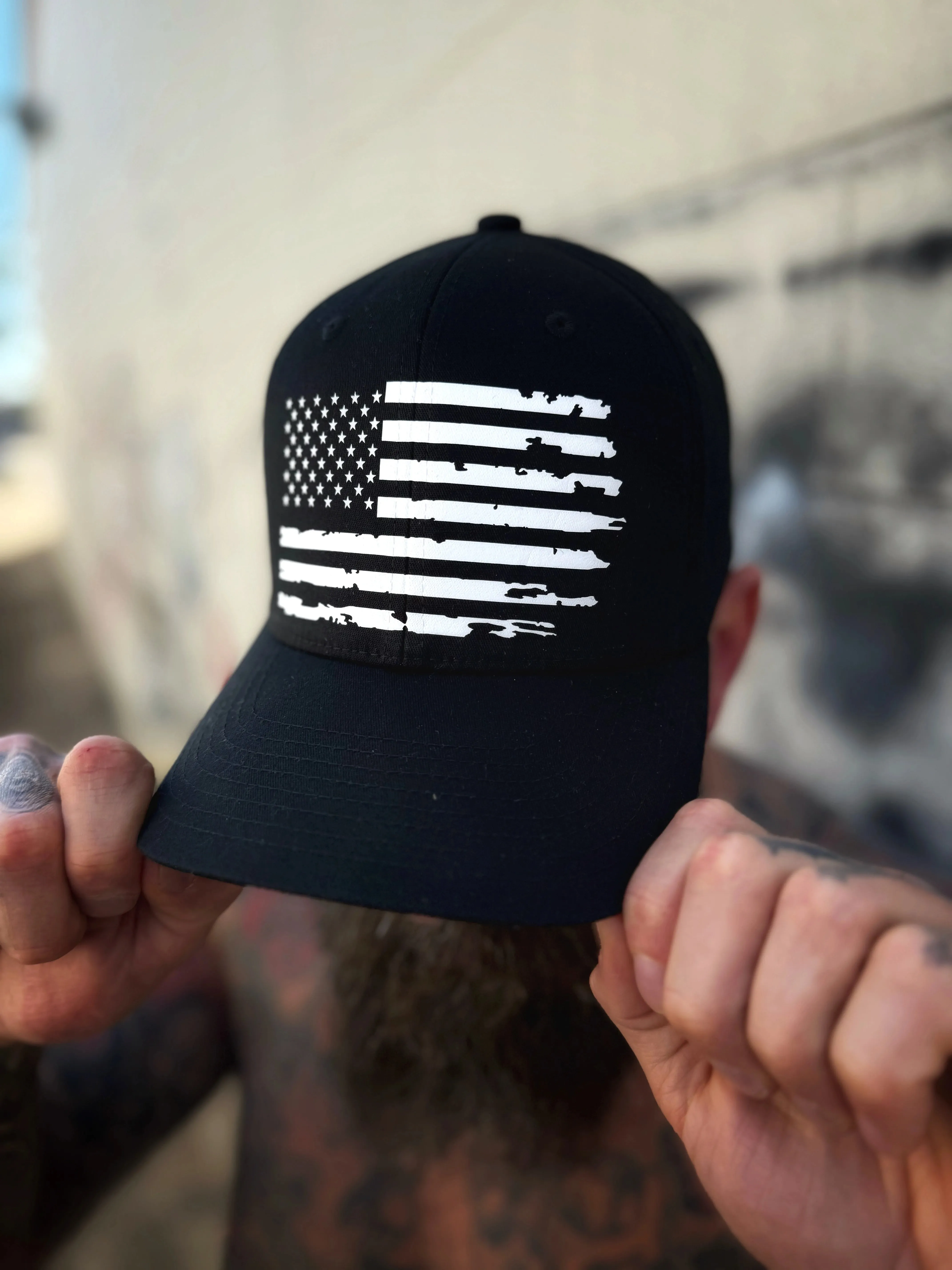 FUCK WITH AMERICA BLACK FLEXFIT COTTON HAT