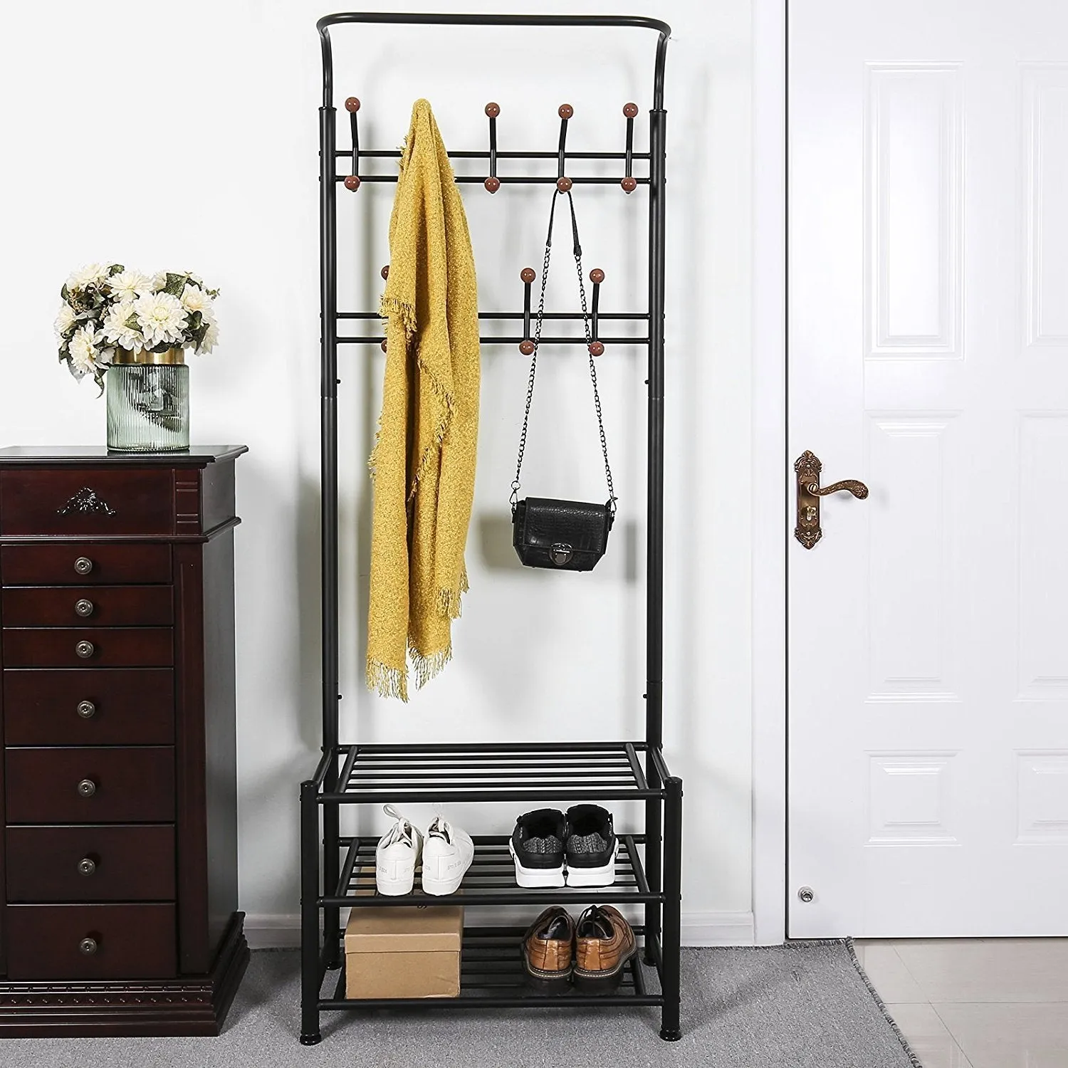 FYHEART Heavy Duty Coat Shoe Entryway Rack with 3-Tier Shoe Bench Shelves Organizer with Coat Hat Umbrella Rack 18 Hooks for Hallway Entryway Metal, Black