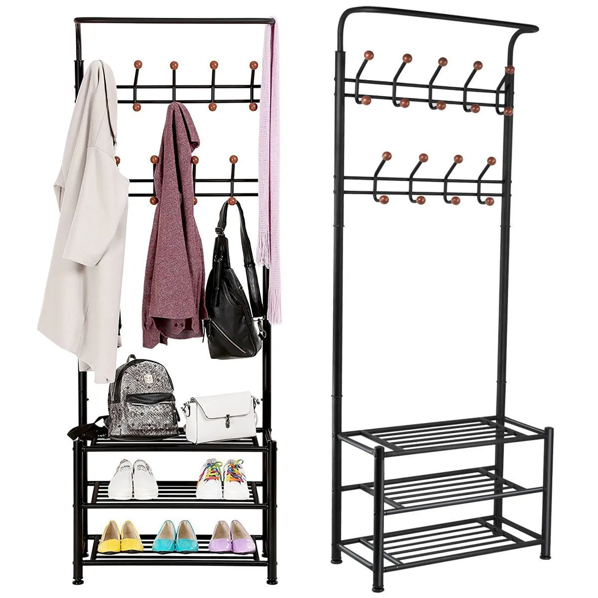 FYHEART Heavy Duty Coat Shoe Entryway Rack with 3-Tier Shoe Bench Shelves Organizer with Coat Hat Umbrella Rack 18 Hooks for Hallway Entryway Metal, Black