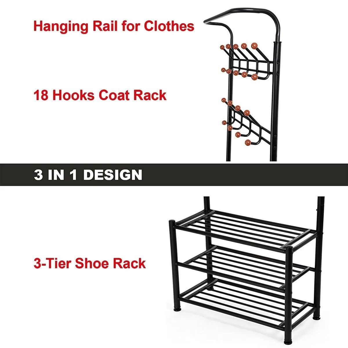 FYHEART Heavy Duty Coat Shoe Entryway Rack with 3-Tier Shoe Bench Shelves Organizer with Coat Hat Umbrella Rack 18 Hooks for Hallway Entryway Metal, Black