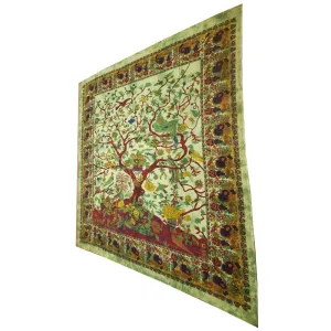Green Tree of Life Birds Tapestry Colorful Indian Wall Decor