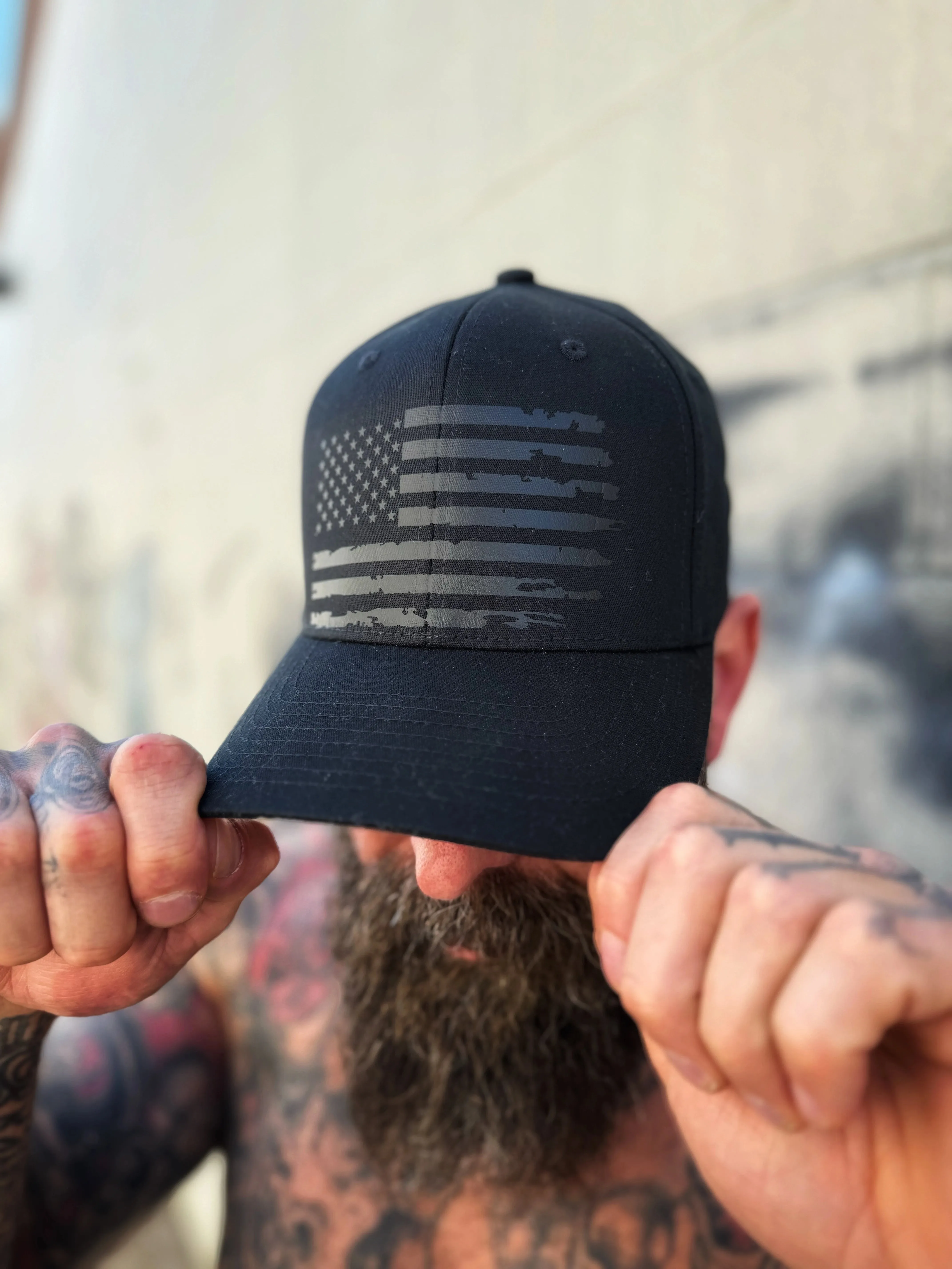 GULF OF AMERICA BLACK ON BLACK FLEXFIT COTTON HAT