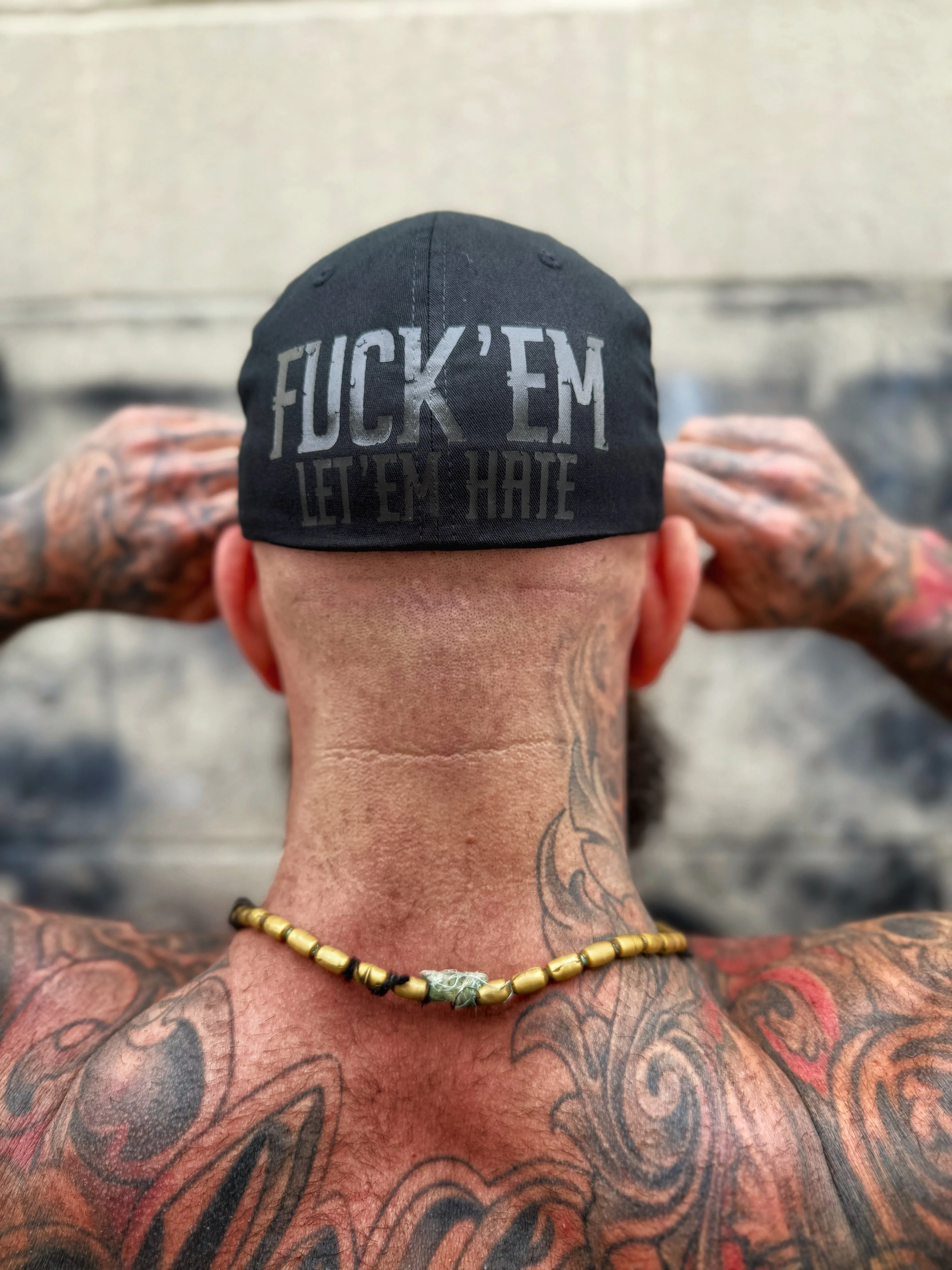 LET EM HATE BLACK ON BLACK BACK STYLE FLEXFIT COTTON HAT