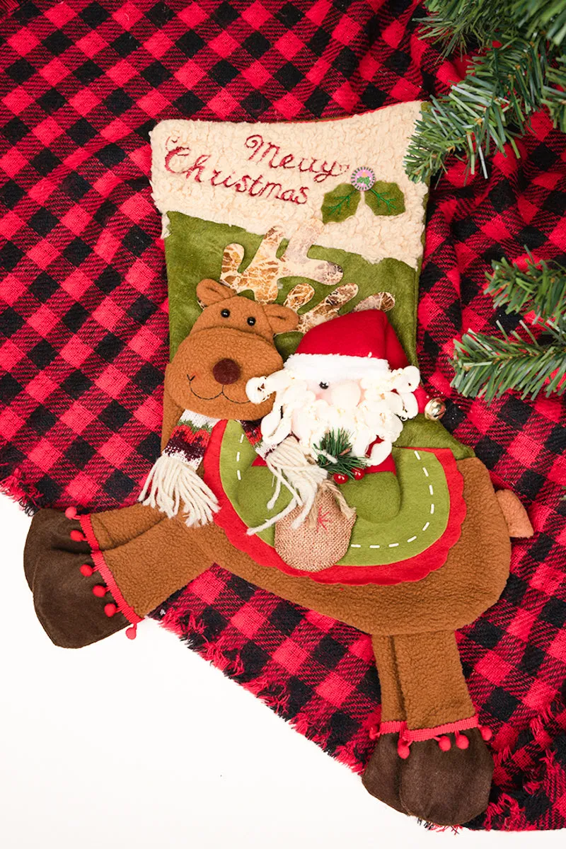 Merry Christmas Santa and Reindeer Fabric Stocking, 17"