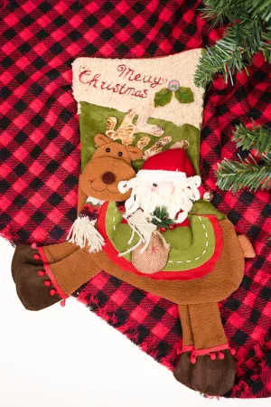 Merry Christmas Santa and Reindeer Fabric Stocking, 17"