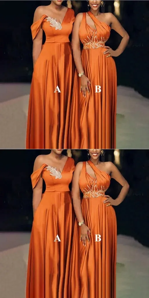 Mismatched One Shoulder A-line Satin Burnt Orange Long Bridesmaid Dresses Online, BG684