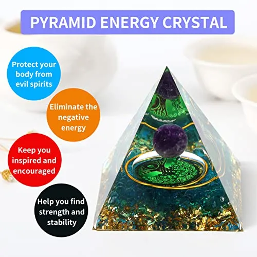 MXiiXM Orgone Pyramid for Positive Energy, Amethyst Crystal Ball Handmade Pyramid, Protection Crystals Energy Generator for Stress Reduce Healing Meditation Attract Wealth Lucky (Spiral Tree of Life)