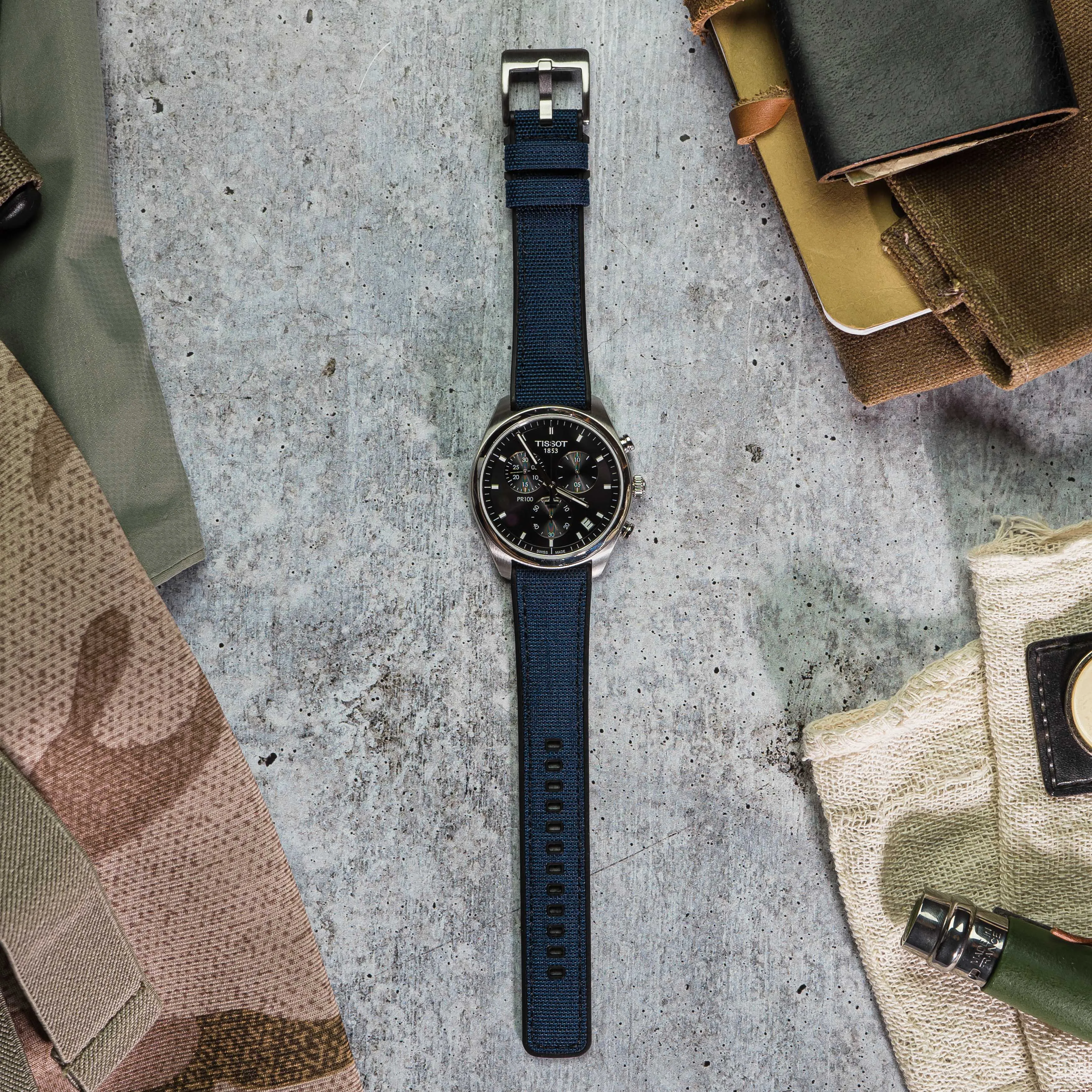 Navy Blue Cordura Fabric And Silicone Hybrid Watch Band
