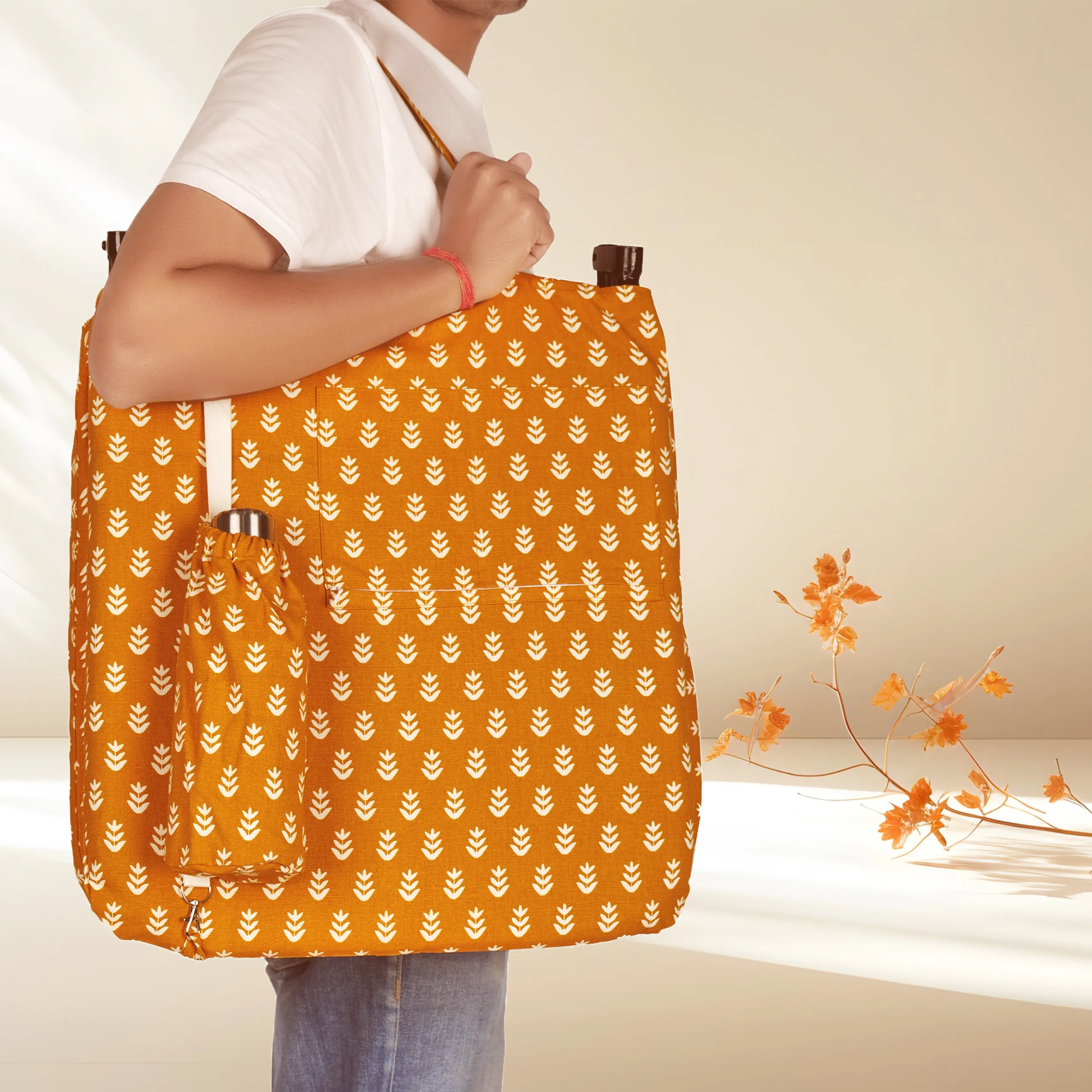 Premium Artistic Meditation Chair | Orange Jaipuri Print