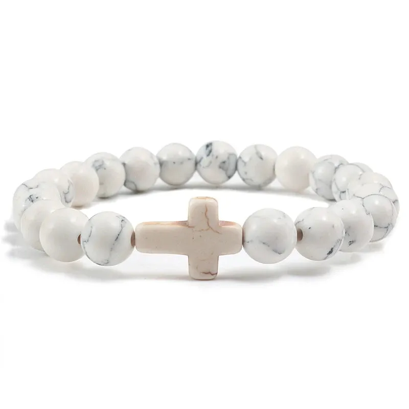 Trendy Jesus Cross Charm Bracelet – Blue Beads & Black Lava Stone 8mm Yoga Jewelry for Men and Women