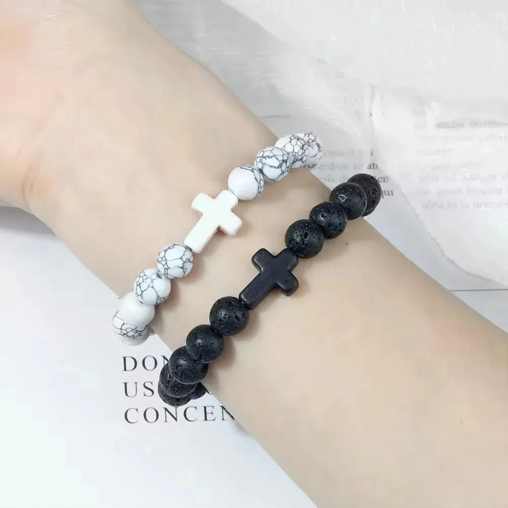 Trendy Jesus Cross Charm Bracelet – Blue Beads & Black Lava Stone 8mm Yoga Jewelry for Men and Women