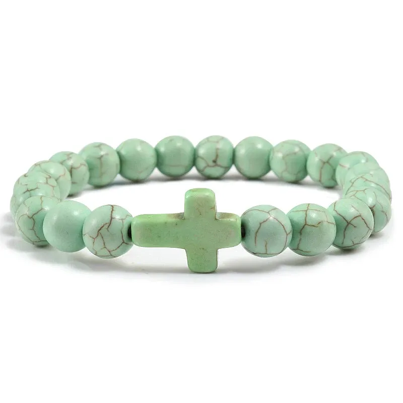 Trendy Jesus Cross Charm Bracelet – Blue Beads & Black Lava Stone 8mm Yoga Jewelry for Men and Women
