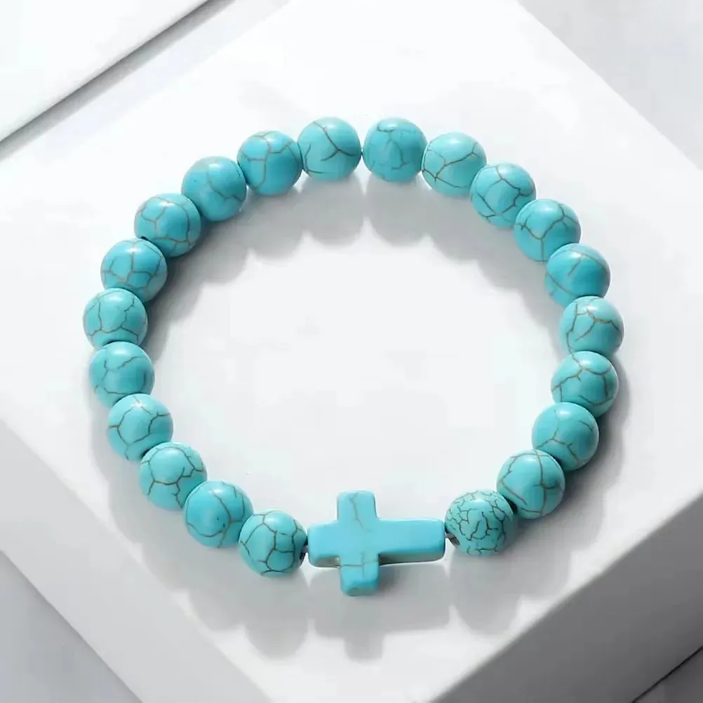 Trendy Jesus Cross Charm Bracelet – Blue Beads & Black Lava Stone 8mm Yoga Jewelry for Men and Women