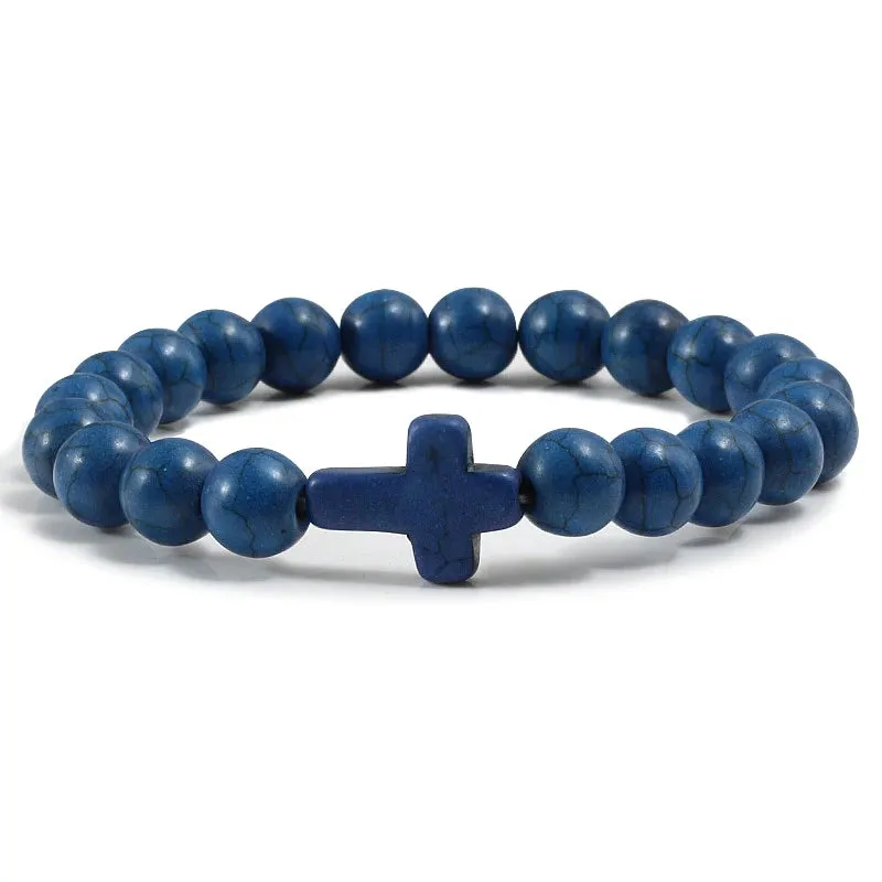 Trendy Jesus Cross Charm Bracelet – Blue Beads & Black Lava Stone 8mm Yoga Jewelry for Men and Women