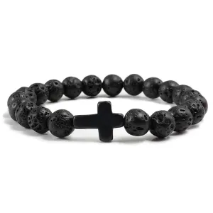 Trendy Jesus Cross Charm Bracelet – Blue Beads & Black Lava Stone 8mm Yoga Jewelry for Men and Women