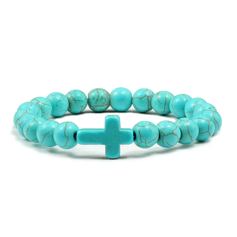 Trendy Jesus Cross Charm Bracelet – Blue Beads & Black Lava Stone 8mm Yoga Jewelry for Men and Women