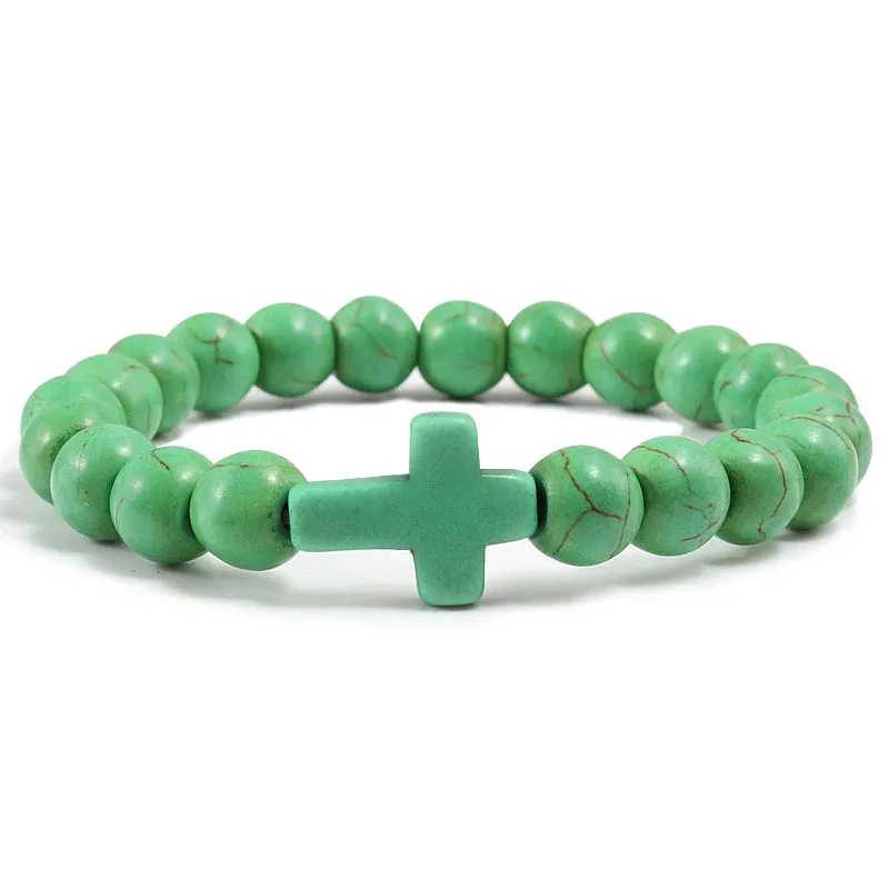 Trendy Jesus Cross Charm Bracelet – Blue Beads & Black Lava Stone 8mm Yoga Jewelry for Men and Women