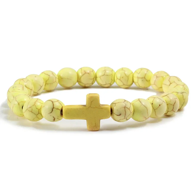 Trendy Jesus Cross Charm Bracelet – Blue Beads & Black Lava Stone 8mm Yoga Jewelry for Men and Women