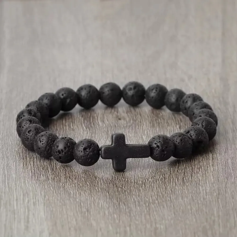 Trendy Jesus Cross Charm Bracelet – Blue Beads & Black Lava Stone 8mm Yoga Jewelry for Men and Women