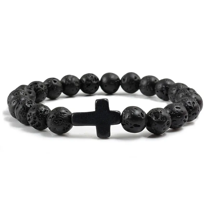 Trendy Jesus Cross Charm Bracelet – Blue Beads & Black Lava Stone 8mm Yoga Jewelry for Men and Women