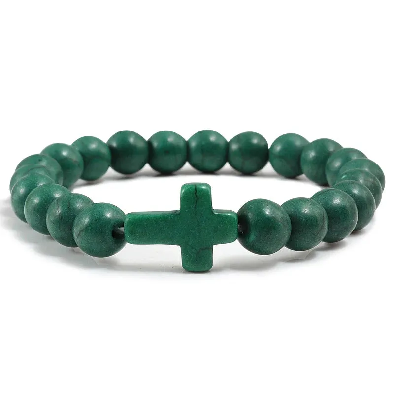 Trendy Jesus Cross Charm Bracelet – Blue Beads & Black Lava Stone 8mm Yoga Jewelry for Men and Women