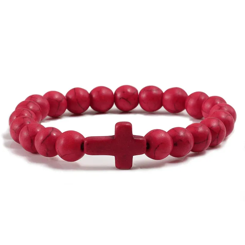 Trendy Jesus Cross Charm Bracelet – Blue Beads & Black Lava Stone 8mm Yoga Jewelry for Men and Women