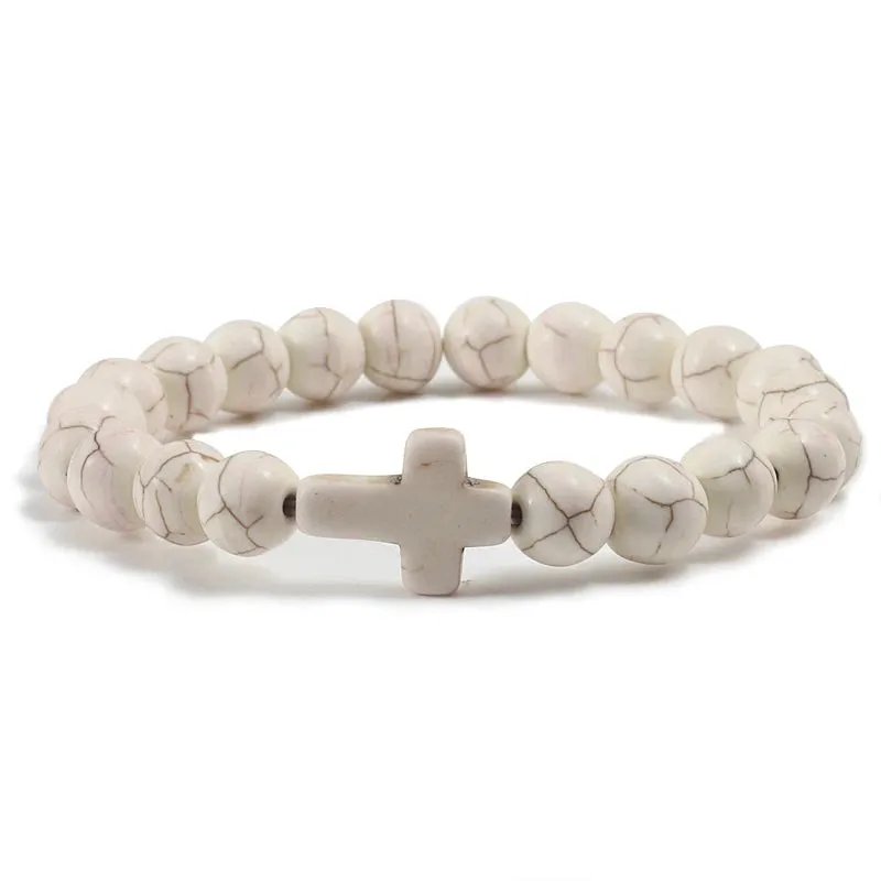 Trendy Jesus Cross Charm Bracelet – Blue Beads & Black Lava Stone 8mm Yoga Jewelry for Men and Women