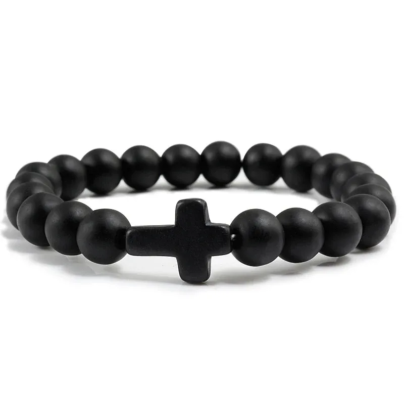 Trendy Jesus Cross Charm Bracelet – Blue Beads & Black Lava Stone 8mm Yoga Jewelry for Men and Women